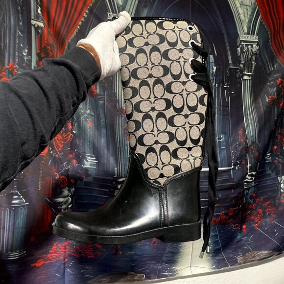 Coach Tristee Women's 7 Black Leather Comfort Lace-Up Mid-Calf Outdoor Rain Boot - Picture 2 of 10